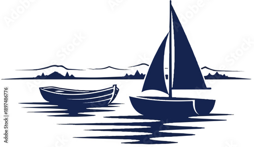 A minimalist illustration features a sailboat and a rowboat on calm water with distant hills