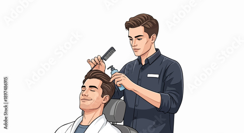 Barber styling client's hair with comb and spray, relaxing atmosphere
