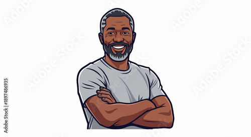 A smiling, dark-skinned man with graying hair and beard, arms crossed, wearing a grey t-shirt