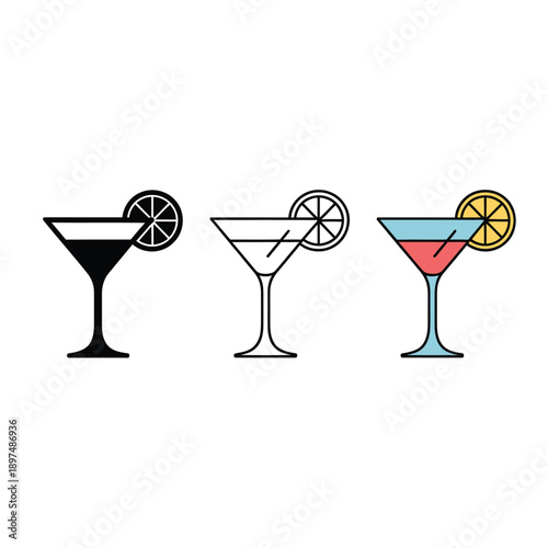 Three variations of a classic cocktail glass with an orange slice