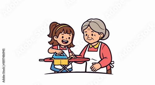 A young girl and an elderly woman iron clothes together, sharing a moment