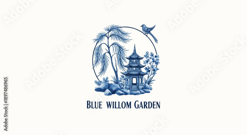 Delicate blue willow scene with pagoda, tree, bird, and text