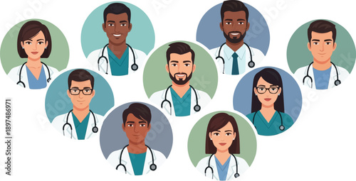 Diverse medical professionals, male and female, depicted in circular portraits with stethoscopes