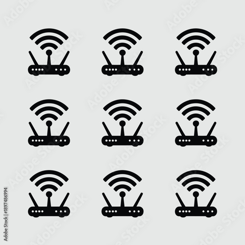 A collection of nine identical black and white icons representing wireless routers. isolated on white background, Vector, illustration
