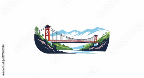 A suspension bridge spans a river, set against a backdrop of lush mountains