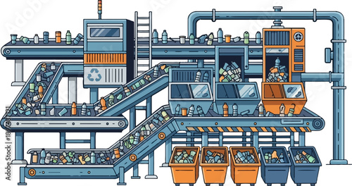 Automated system sorts and collects plastic bottles on conveyor belts