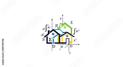 Artistic depiction of interconnected houses overlaid with mathematical equations and symbols
