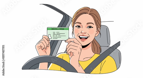 Smiling person in car holding up a driving license