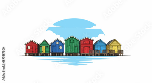 A row of colorful beach huts stands on stilts over gentle blue water under a bright sky