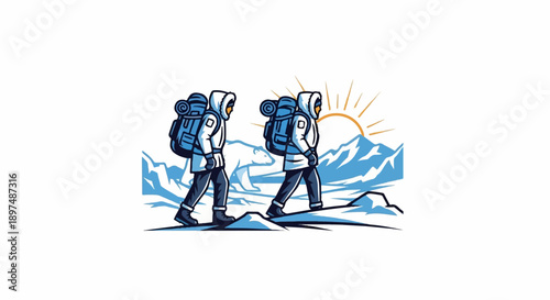 Two trekkers with backpacks walk through an arctic landscape with a polar bear and mountains