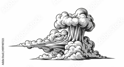 Dramatic mushroom cloud billowing with explosive force, trailing smoke