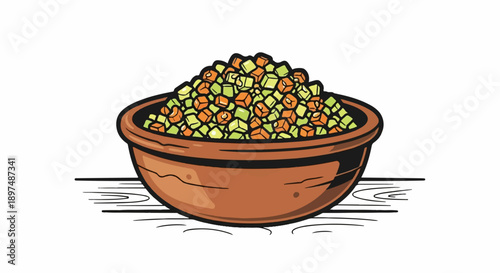 Rustic bowl filled with diced vegetables sits on a wooden surface