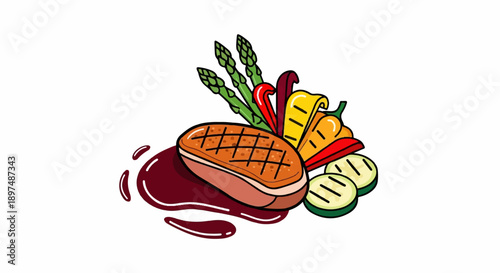 Grilled steak with colorful vegetables and sauce