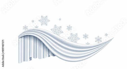 Flowing white fabric with falling snowflakes, suggesting winter or a grand unveiling