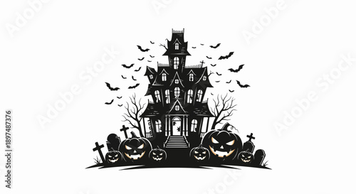 Spooky haunted house with carved pumpkins, gravestones, and flying bats under a dark sky