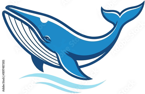 Stylized blue whale with white outline and fin, breaching through blue waves