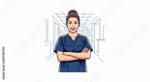 Friendly medical professional in uniform with arms crossed in hospital hallway