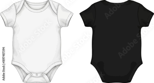 Two infant onesies, one white and one black, shown side-by-side
