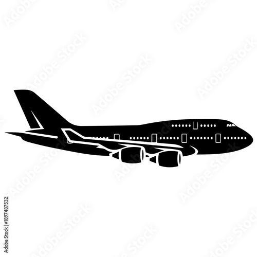 Black silhouette of a commercial passenger jet airplane vector illustration. iconic wide-body aircraft profile for travel, aviation, logistics, transport, flight, airport design