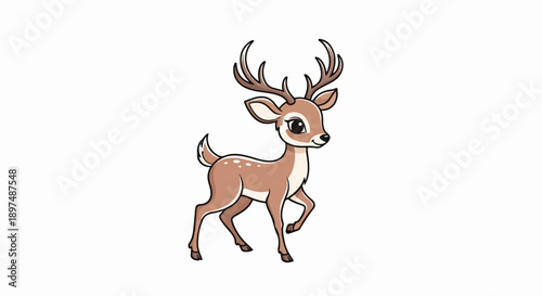 A cartoon deer with large antlers and brown fur with white spots stands