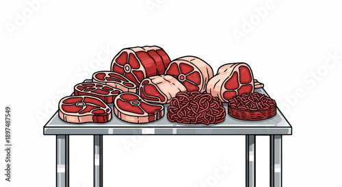 Assortment of raw meat cuts and ground meat displayed on a metal table