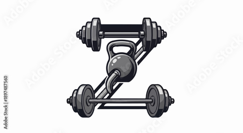 Gym equipment forms a stylized letter Z with a kettlebell and barbells