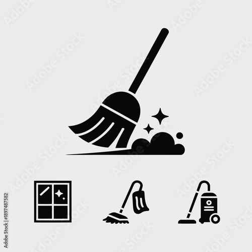 A variety of cleaning tools and equipment for maintaining a tidy home. isolated on white background, Vector, illustration