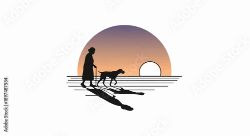 Silhouette of a person with a cane and a dog walking during a sunset