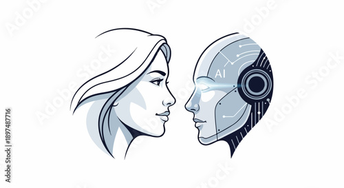 Human and AI faces in profile, with AI eye glowing