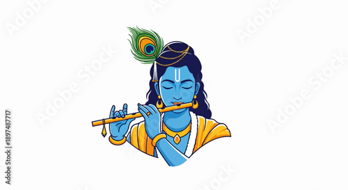 Blue deity with closed eyes plays a golden flute, adorned with a peacock feather