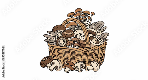 A woven basket brimming with assorted mushrooms of varying shapes and sizes, with some scattered around the base