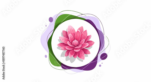 A pink dahlia bloom is centered within abstract organic shapes of purple and green