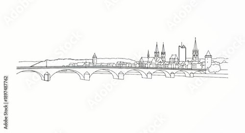 A black and white sketch of a city skyline with a large bridge spanning across a river