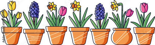 A collection of potted spring flowers including tulips, daffodils, and hyacinths