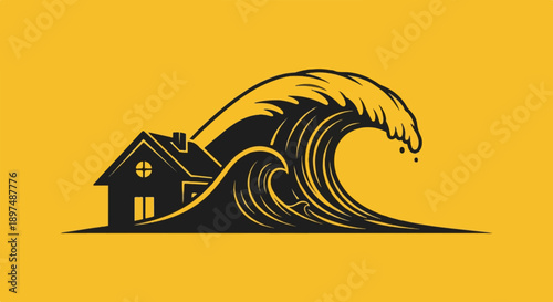 A house is submerged by a giant, crashing wave