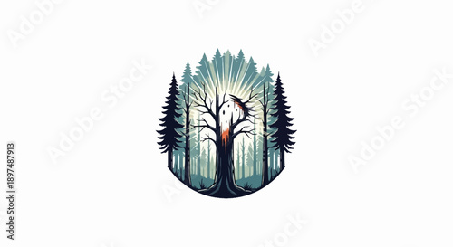 A silhouette of a bare, gnarled tree with a bird perched on a branch, surrounded by dark evergreen forest