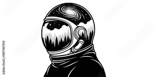 Astronaut Helmet Forest Reflection Silhouette