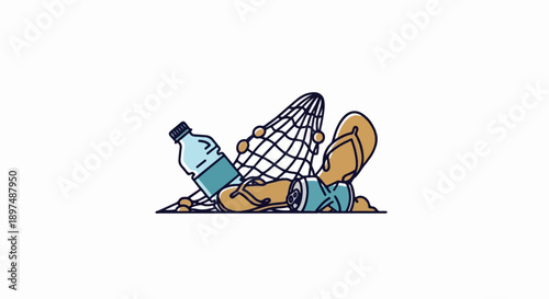 Discarded beach items, including a bottle, flip-flops, a can, and a fishing net, resting on sand