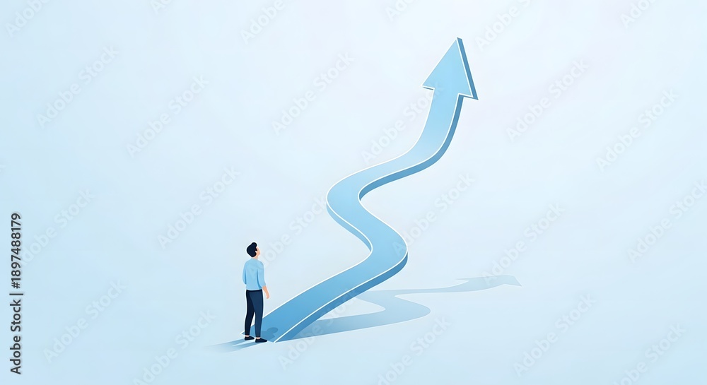 Obraz premium A man stands looking at a large light blue wavy arrow pointing upwards on a pale blue background