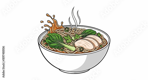 Steaming bowl of ramen with chicken slices, bok choy, and a savory broth splash