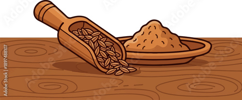 A wooden scoop overflows with grains, beside a small bowl of ground material on wood