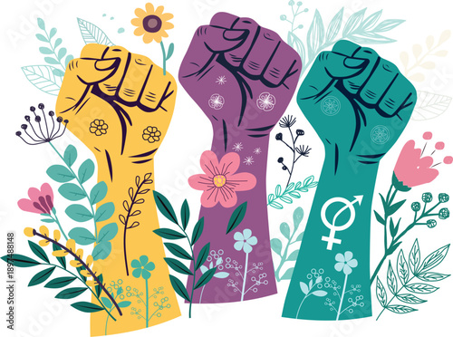 International Women’s Day illustration with diverse floral fists in vibrant purple and teal tones, symbolizing empowerment, equality, and solidarity.