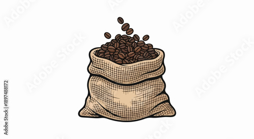 A burlap sack overflowing with roasted coffee beans, some spilling out