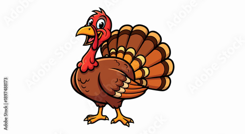 Cheerful cartoon turkey with fanned tail feathers, red wattle, and bright orange beak