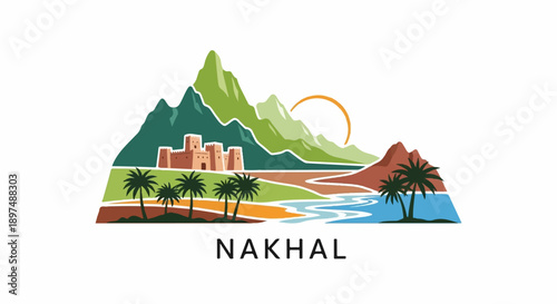 Stylized landscape with mountains, a fort, palm trees, a river, and a sun