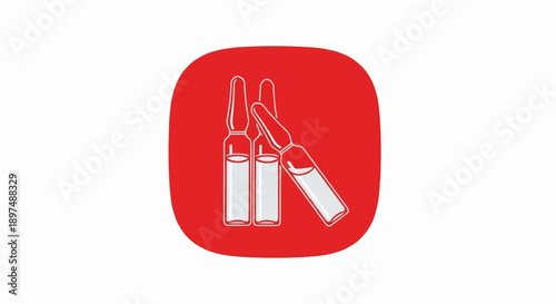 A minimalist, flat icon featuring three clear ampoules with liquid, set against a vibrant red rounded square