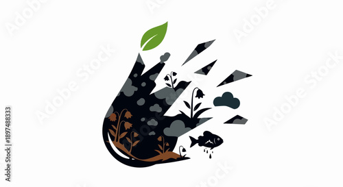 A broken landscape with a wilting plant, a sad fish, and fragmented pieces