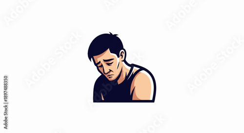 Stylized illustration of a sad young man with dark hair and a black tank top