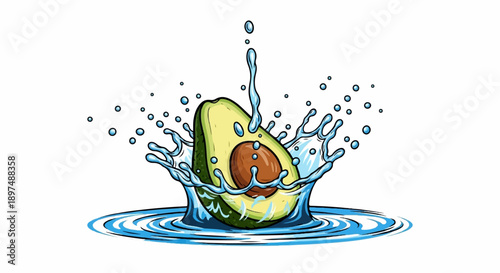 A green avocado half splashes into blue water, creating dynamic splashes and ripples