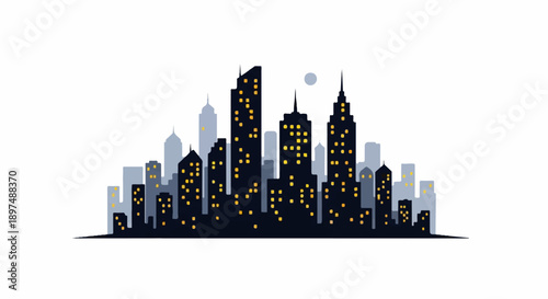 Dark silhouette of a city skyline at night with illuminated windows under a faint moon